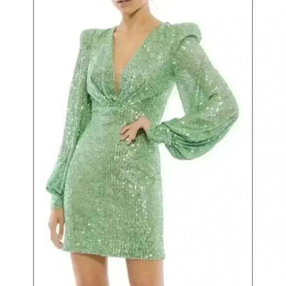 MAC DUGGALPuff Sleeve Sequin Mini Dress Sequin Light Green Ballon Long Sleeve 0 - Picture 1 of 9